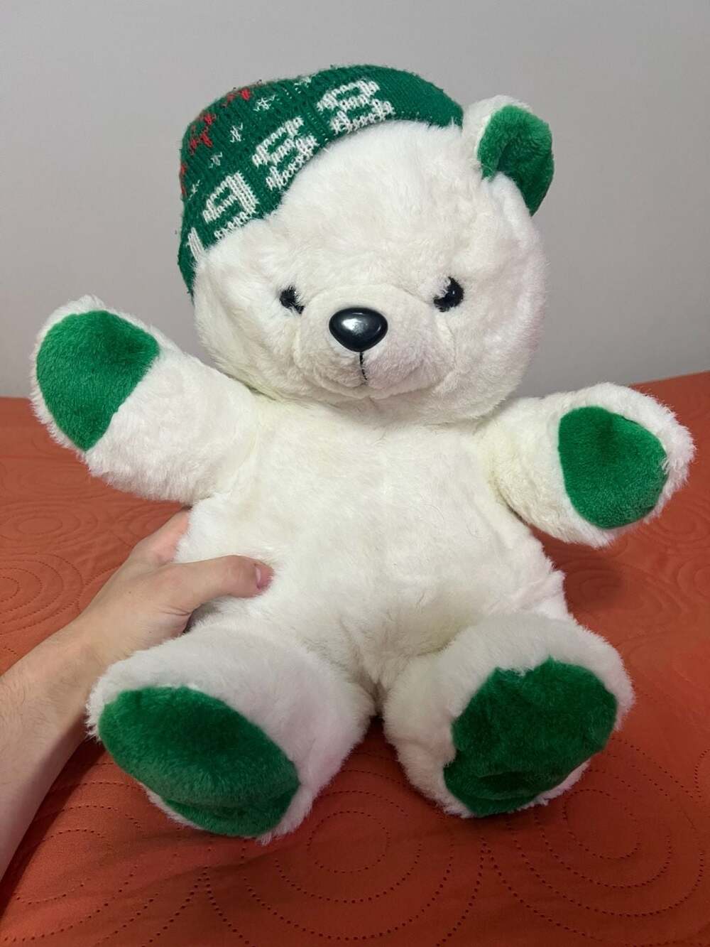 Vintage 1988 Kmart Collector Polar Bear Plush with 1988 Green Knit Winter Hat